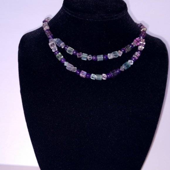Handmade Beaded Statement Necklace with Fluorite and Amethyst Beads Purple Green - Picture 9 of 12